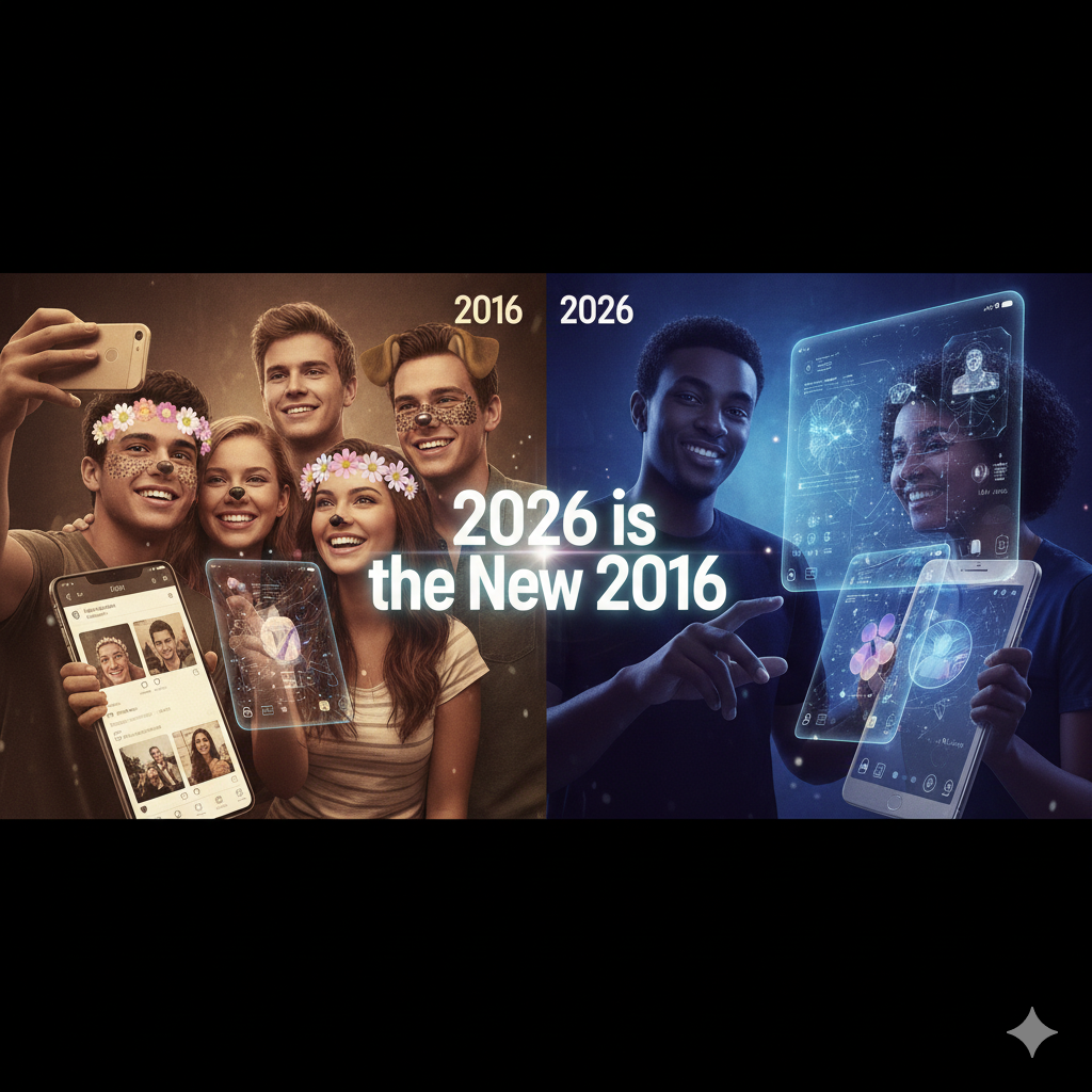 Illustration comparing 2016 social media era with 2026 futuristic digital culture, showing nostalgia and modern technology