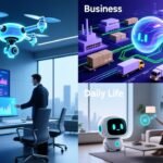"A futuristic digital visualization of AI agents in 2026, showing autonomous technology managing business logistics, smart home devices, and office data analysis on a holographic interface."