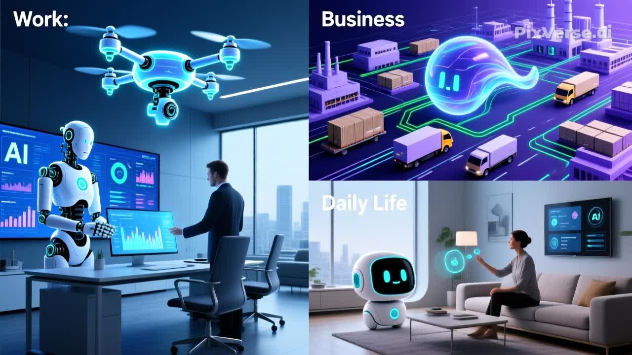 "A futuristic digital visualization of AI agents in 2026, showing autonomous technology managing business logistics, smart home devices, and office data analysis on a holographic interface."