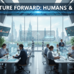 "Futuristic 2026 office where humans and AI robots collaborate. Humans perform creative and caring tasks while AI handles repetitive work, with digital screens and holographic charts in a bright, modern workspace."