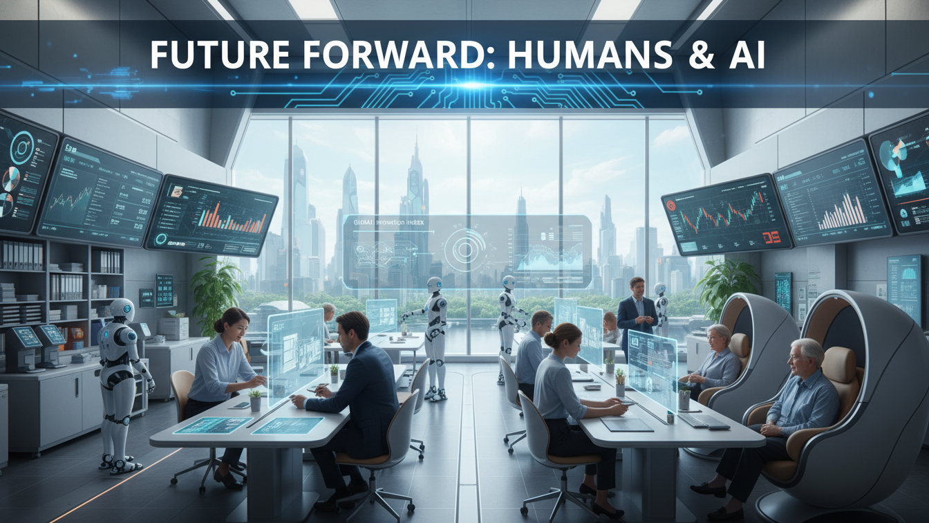 "Futuristic 2026 office where humans and AI robots collaborate. Humans perform creative and caring tasks while AI handles repetitive work, with digital screens and holographic charts in a bright, modern workspace."