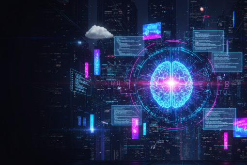 Dark cyberpunk illustration of a glowing AI neural network with floating code panels representing Google Gemini 3.1 Pro API launch for developers.