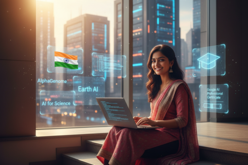 Futuristic AI data center in Visakhapatnam, India with coastal backdrop, glowing servers, subsea cables, and a young Indian woman developer holding a tablet displaying AI code. Coromandel Express train passes by at sunset.