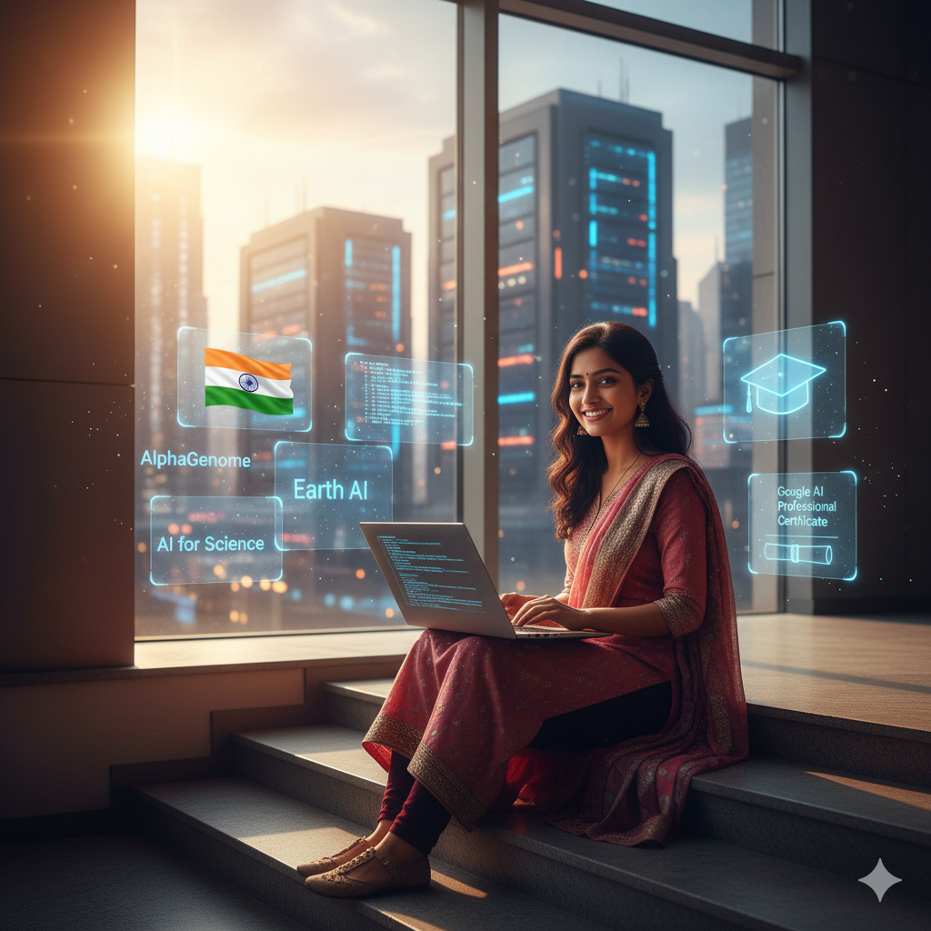 Futuristic AI data center in Visakhapatnam, India with coastal backdrop, glowing servers, subsea cables, and a young Indian woman developer holding a tablet displaying AI code. Coromandel Express train passes by at sunset.
