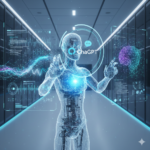 Futuristic AI technology with humanoid AI interacting with holographic screens, digital data streams, and ChatGPT interface