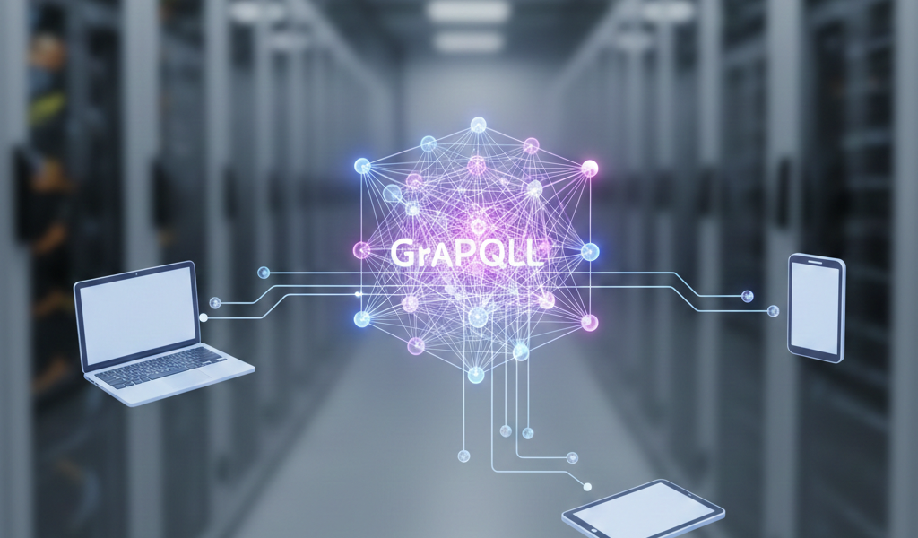 "3D conceptual illustration of GraphQL implementation showing a glowing purple central node connecting to laptop, mobile, and tablet devices via luminous data streams."