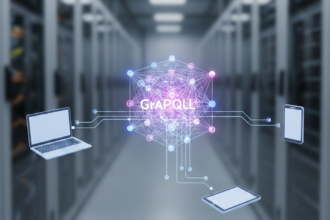 "3D conceptual illustration of GraphQL implementation showing a glowing purple central node connecting to laptop, mobile, and tablet devices via luminous data streams."
