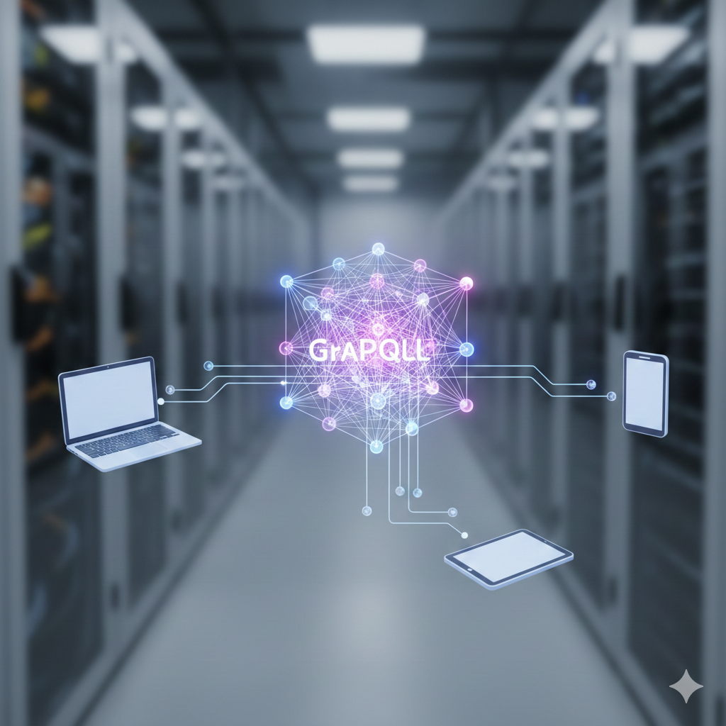 "3D conceptual illustration of GraphQL implementation showing a glowing purple central node connecting to laptop, mobile, and tablet devices via luminous data streams."