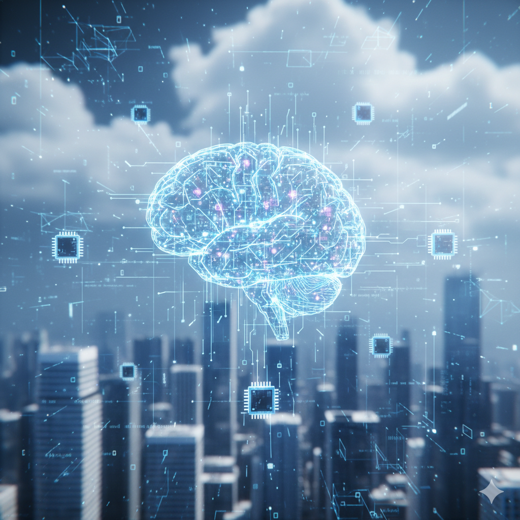 “Abstract glowing digital brain made of light particles and microchips representing efficient small language models and modern AI intelligence.”