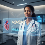 A female physician in a white coat examines a futuristic holographic display showing a 3D CT heart scan, glowing DNA helix, smartphone PPG waveform, and biological age clock, demonstrating multimodal AI in healthcare and personalized medicine.