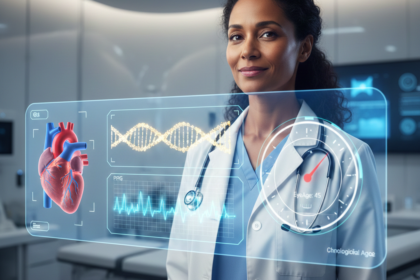 A female physician in a white coat examines a futuristic holographic display showing a 3D CT heart scan, glowing DNA helix, smartphone PPG waveform, and biological age clock, demonstrating multimodal AI in healthcare and personalized medicine.