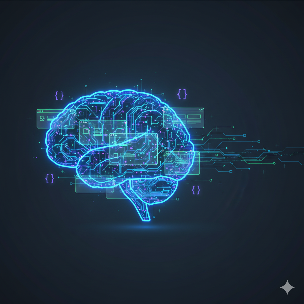 Digital illustration showing neural network merging with web architecture representing intelligent web development trends in 2025-2026