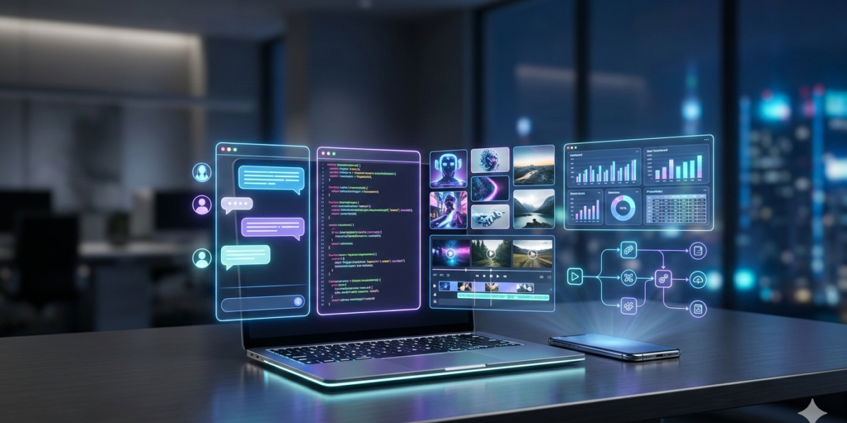 "Futuristic workspace with laptop and smartphone displaying holographic AI interfaces including chatbots, code generation, video editing tools, analytics dashboards and automation flows in a modern neon blue and purple environment."