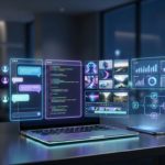 "Futuristic workspace with laptop and smartphone displaying holographic AI interfaces including chatbots, code generation, video editing tools, analytics dashboards and automation flows in a modern neon blue and purple environment."