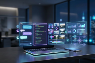 "Futuristic workspace with laptop and smartphone displaying holographic AI interfaces including chatbots, code generation, video editing tools, analytics dashboards and automation flows in a modern neon blue and purple environment."