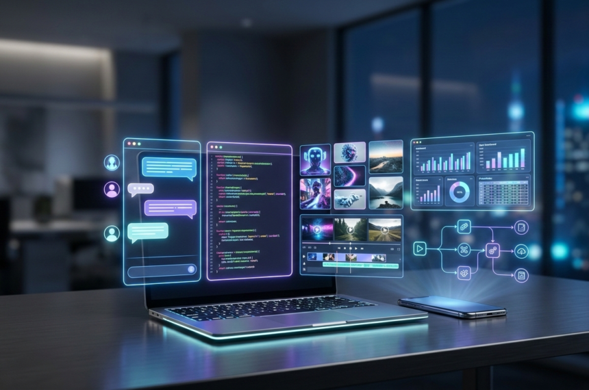 "Futuristic workspace with laptop and smartphone displaying holographic AI interfaces including chatbots, code generation, video editing tools, analytics dashboards and automation flows in a modern neon blue and purple environment."