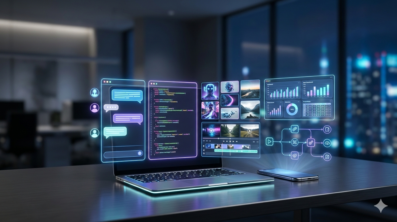 "Futuristic workspace with laptop and smartphone displaying holographic AI interfaces including chatbots, code generation, video editing tools, analytics dashboards and automation flows in a modern neon blue and purple environment."