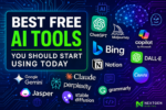 Collage of AI tool icons and interface mockups: ChatGPT chat window, Bing Image Creator generating a sunset landscape, code autocomplete in VS Code with Gemini, Google Colab notebook, and speech-to-text waveform, arranged around a central glowing star labeled “Free AI 2026.”