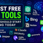 Collage of AI tool icons and interface mockups: ChatGPT chat window, Bing Image Creator generating a sunset landscape, code autocomplete in VS Code with Gemini, Google Colab notebook, and speech-to-text waveform, arranged around a central glowing star labeled “Free AI 2026.”
