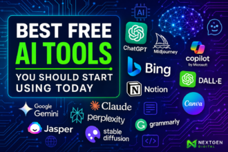 Collage of AI tool icons and interface mockups: ChatGPT chat window, Bing Image Creator generating a sunset landscape, code autocomplete in VS Code with Gemini, Google Colab notebook, and speech-to-text waveform, arranged around a central glowing star labeled “Free AI 2026.”