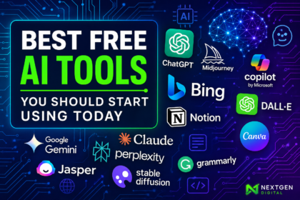 Collage of AI tool icons and interface mockups: ChatGPT chat window, Bing Image Creator generating a sunset landscape, code autocomplete in VS Code with Gemini, Google Colab notebook, and speech-to-text waveform, arranged around a central glowing star labeled “Free AI 2026.”