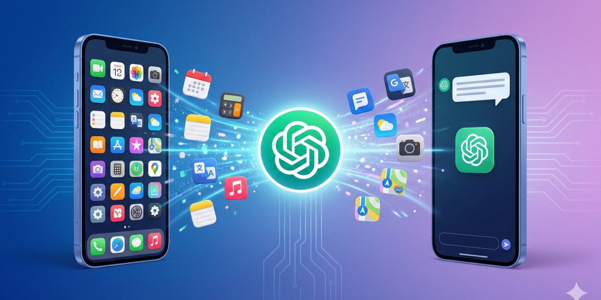 How AI tools like ChatGPT are replacing traditional apps – illustration of ChatGPT absorbing multiple app icons into a single conversational interface, showing the shift from cluttered smartphones to unified AI assistants.
