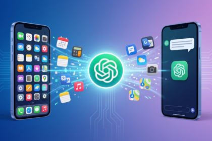 How AI tools like ChatGPT are replacing traditional apps – illustration of ChatGPT absorbing multiple app icons into a single conversational interface, showing the shift from cluttered smartphones to unified AI assistants.