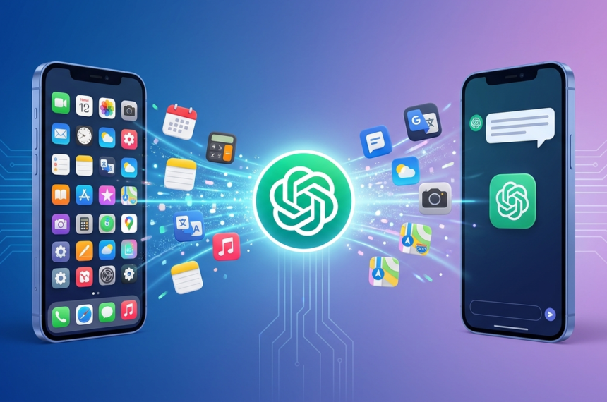 How AI tools like ChatGPT are replacing traditional apps – illustration of ChatGPT absorbing multiple app icons into a single conversational interface, showing the shift from cluttered smartphones to unified AI assistants.