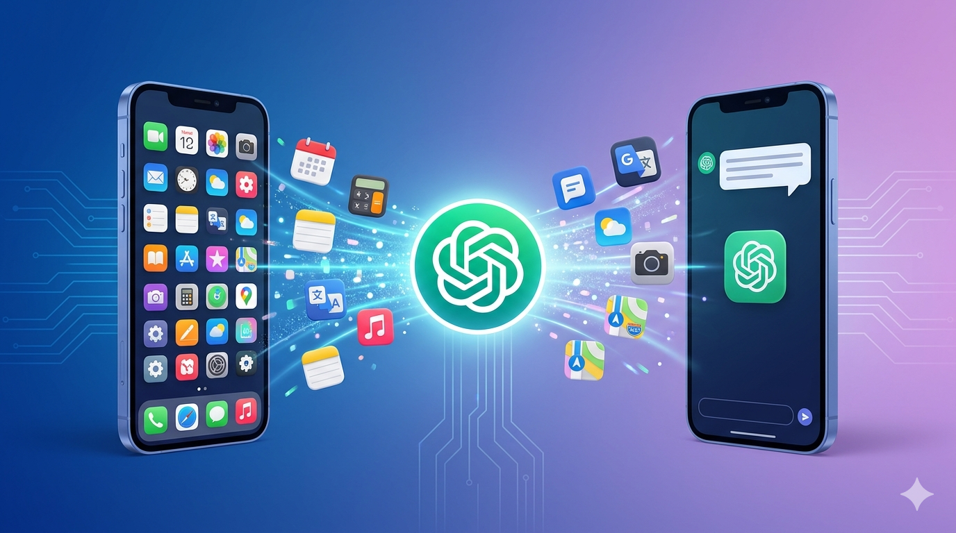 How AI tools like ChatGPT are replacing traditional apps – illustration of ChatGPT absorbing multiple app icons into a single conversational interface, showing the shift from cluttered smartphones to unified AI assistants.