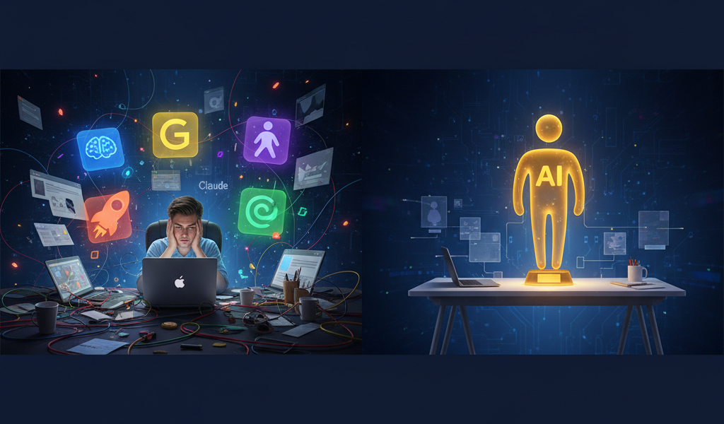 *Digital art showing five AI chatbot icons floating above a dark blue futuristic interface. From left to right: ChatGPT (green glow, crowned winner), Google Gemini (purple), Microsoft Copilot (teal), Anthropic Claude (orange), and Grok (gray). A golden trophy sits beside ChatGPT, symbolizing its top ranking after 112 real-world tests. The image represents a 2026 AI chatbot comparison and buying guide.*