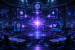 Futuristic multi-AI platform dashboard with glowing icons of GPT-4, Claude, Gemini, Grok, and DeepSeek orbiting a central unified workspace interface on a dark blue and violet holographic background.