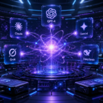 Futuristic multi-AI platform dashboard with glowing icons of GPT-4, Claude, Gemini, Grok, and DeepSeek orbiting a central unified workspace interface on a dark blue and violet holographic background.