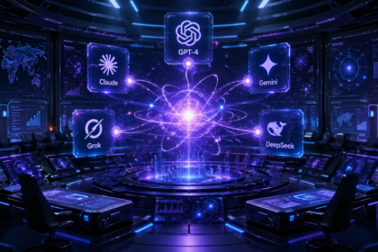 Futuristic multi-AI platform dashboard with glowing icons of GPT-4, Claude, Gemini, Grok, and DeepSeek orbiting a central unified workspace interface on a dark blue and violet holographic background.