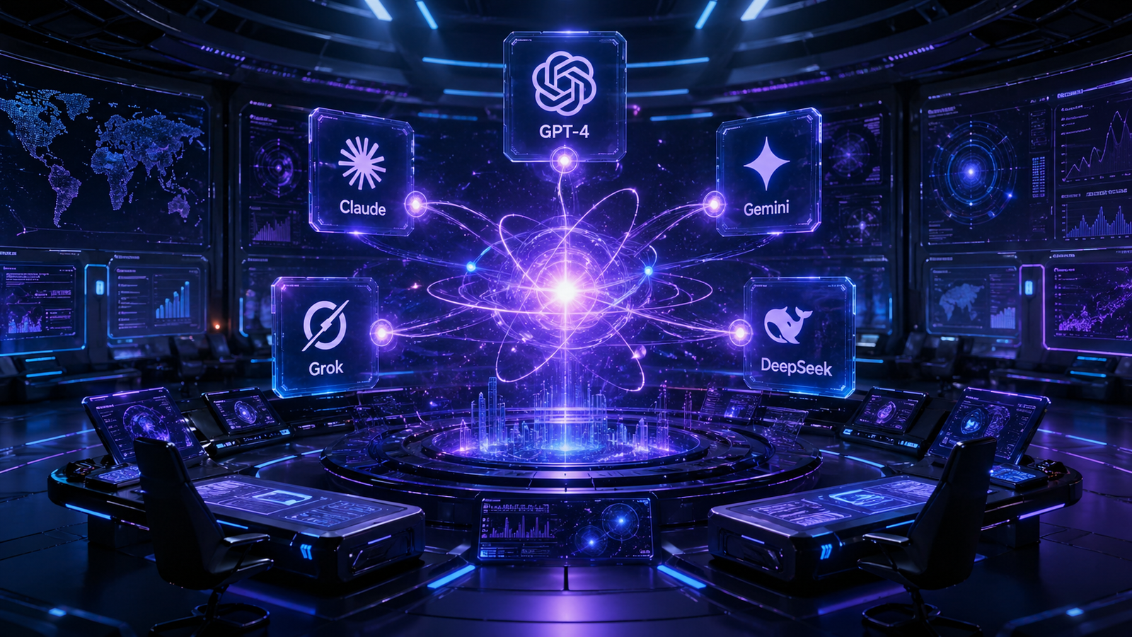 Futuristic multi-AI platform dashboard with glowing icons of GPT-4, Claude, Gemini, Grok, and DeepSeek orbiting a central unified workspace interface on a dark blue and violet holographic background.