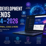 Futuristic digital banner illustrating web development trends 2024–2026, showing a laptop with code editor, AI and cloud icons, and concepts like SSR, PWAs, edge computing, and TypeScript in a neon blue and purple tech design.