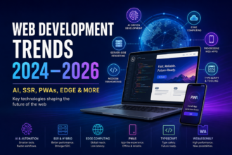 Futuristic digital banner illustrating web development trends 2024–2026, showing a laptop with code editor, AI and cloud icons, and concepts like SSR, PWAs, edge computing, and TypeScript in a neon blue and purple tech design.