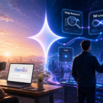 A cinematic futuristic illustration split into two contrasting halves. On the left, a relaxed beginner sits at a wooden desk with a laptop and coffee mug in a warmly lit room, viewing a glowing Gemini interface that says “Ask me anything.” On the right, an advanced user stands in a neon-lit high-tech command center surrounded by floating holographic panels labeled “Deep Research,” “1M tokens,” “Gems,” “Live,” and a Free vs Paid comparison table. Blue and purple light trails connect the holograms across the scene. In the center background, a giant luminous Gemini star logo rises like a digital sun, blending the cozy workspace with the futuristic control hub.
