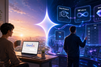 A cinematic futuristic illustration split into two contrasting halves. On the left, a relaxed beginner sits at a wooden desk with a laptop and coffee mug in a warmly lit room, viewing a glowing Gemini interface that says “Ask me anything.” On the right, an advanced user stands in a neon-lit high-tech command center surrounded by floating holographic panels labeled “Deep Research,” “1M tokens,” “Gems,” “Live,” and a Free vs Paid comparison table. Blue and purple light trails connect the holograms across the scene. In the center background, a giant luminous Gemini star logo rises like a digital sun, blending the cozy workspace with the futuristic control hub.