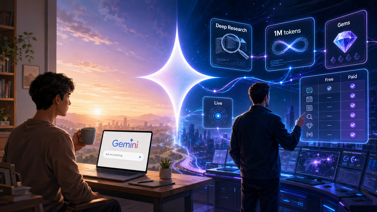 A cinematic futuristic illustration split into two contrasting halves. On the left, a relaxed beginner sits at a wooden desk with a laptop and coffee mug in a warmly lit room, viewing a glowing Gemini interface that says “Ask me anything.” On the right, an advanced user stands in a neon-lit high-tech command center surrounded by floating holographic panels labeled “Deep Research,” “1M tokens,” “Gems,” “Live,” and a Free vs Paid comparison table. Blue and purple light trails connect the holograms across the scene. In the center background, a giant luminous Gemini star logo rises like a digital sun, blending the cozy workspace with the futuristic control hub.