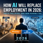 Futuristic illustration showing humans and AI robots working in separate office environments connected by a central pathway, symbolizing how artificial intelligence is transforming jobs and creating new opportunities in 2026.