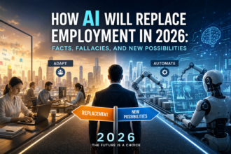 Futuristic illustration showing humans and AI robots working in separate office environments connected by a central pathway, symbolizing how artificial intelligence is transforming jobs and creating new opportunities in 2026.
