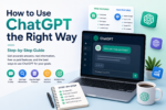 Modern infographic showing how to use ChatGPT correctly with step-by-step prompting tips, free vs paid features, AI tools, and productivity illustrations on a laptop screen.
