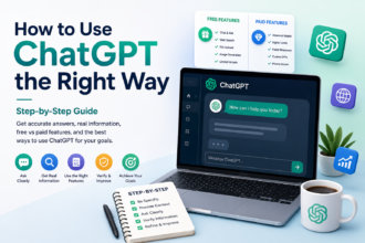 Modern infographic showing how to use ChatGPT correctly with step-by-step prompting tips, free vs paid features, AI tools, and productivity illustrations on a laptop screen.