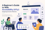Illustration of a designer creating an accessible website interface with inclusive UI elements like readable text, contrast checking, and assistive technology icons