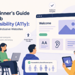 Illustration of a designer creating an accessible website interface with inclusive UI elements like readable text, contrast checking, and assistive technology icons