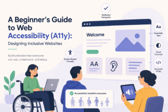 Illustration of a designer creating an accessible website interface with inclusive UI elements like readable text, contrast checking, and assistive technology icons