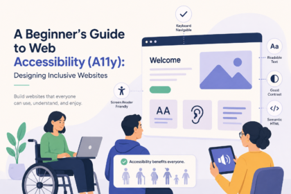 Illustration of a designer creating an accessible website interface with inclusive UI elements like readable text, contrast checking, and assistive technology icons
