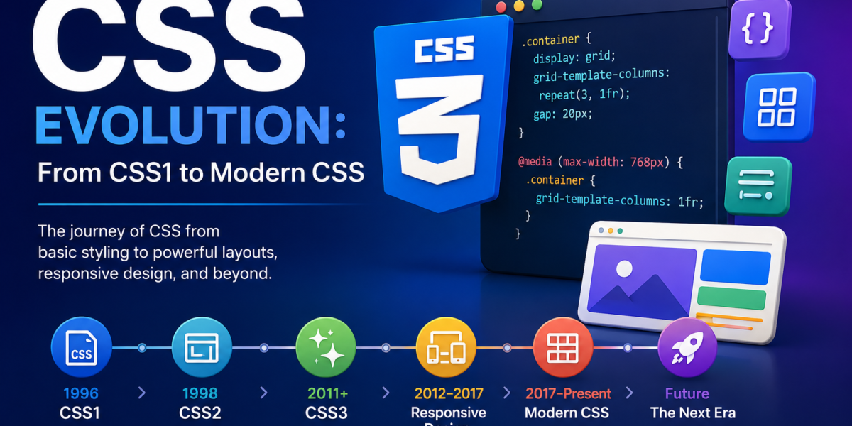 Infographic showing the evolution of CSS from CSS1 and CSS2 to CSS3, Responsive Design, Flexbox, CSS Grid, Variables, Container Queries, and future web styling technologies.