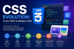 Infographic showing the evolution of CSS from CSS1 and CSS2 to CSS3, Responsive Design, Flexbox, CSS Grid, Variables, Container Queries, and future web styling technologies.