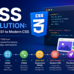 Infographic showing the evolution of CSS from CSS1 and CSS2 to CSS3, Responsive Design, Flexbox, CSS Grid, Variables, Container Queries, and future web styling technologies.
